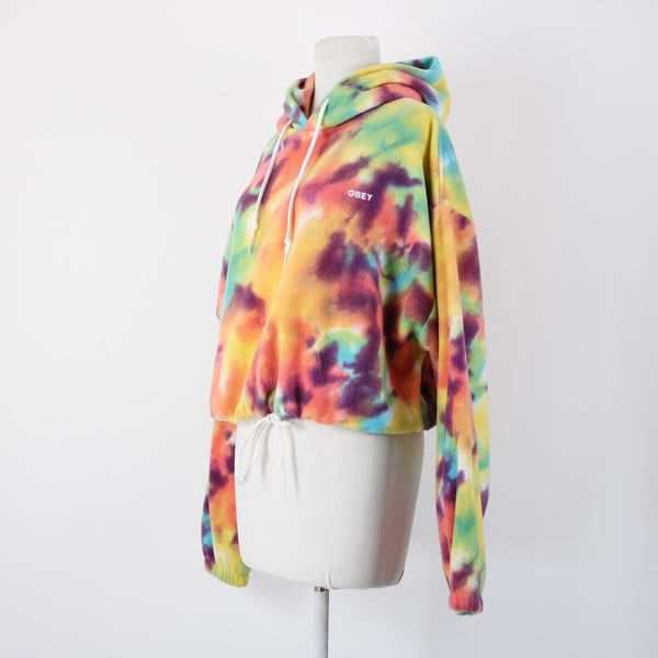 Obey Sz M Multi Color Tie Dye Hooded Crop Pull Over 100% Polyester Sweater