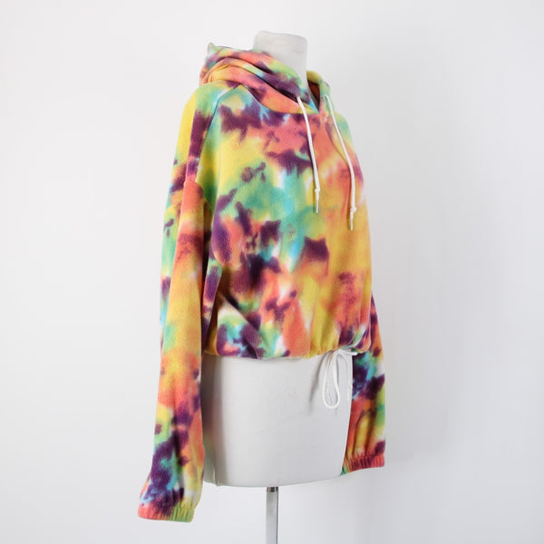 Obey Sz M Multi Color Tie Dye Hooded Crop Pull Over 100% Polyester Sweater