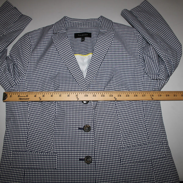 Talbots Sz 10 Navy Blue White Plaid Collared Lined Cotton Spandex Blazer Jacket