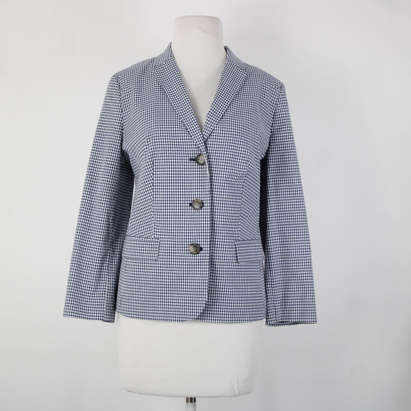 Talbots Sz 10 Navy Blue White Plaid Collared Lined Cotton Spandex Blazer Jacket