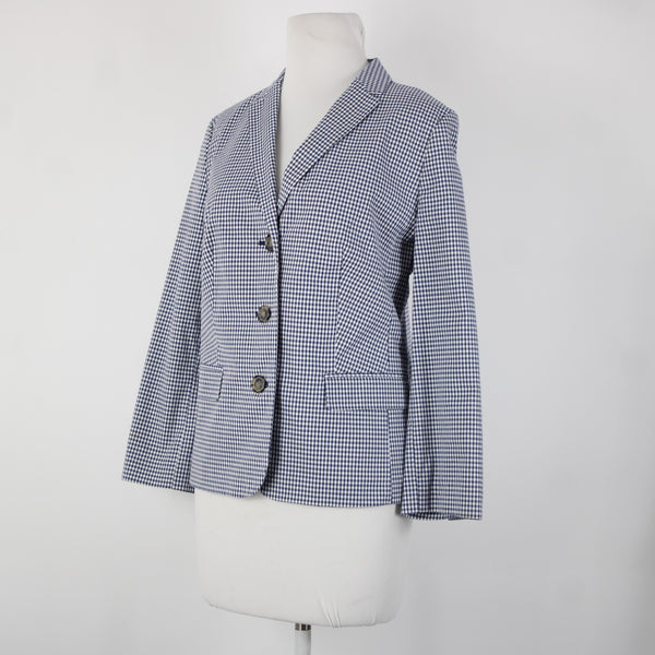 Talbots Sz 10 Navy Blue White Plaid Collared Lined Cotton Spandex Blazer Jacket