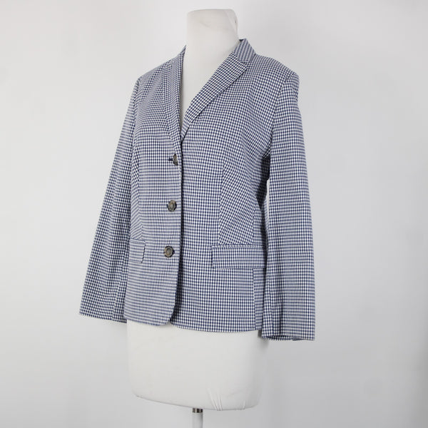 Talbots Sz 10 Navy Blue White Plaid Collared Lined Cotton Spandex Blazer Jacket