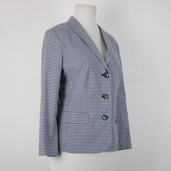 Talbots Sz 10 Navy Blue White Plaid Collared Lined Cotton Spandex Blazer Jacket