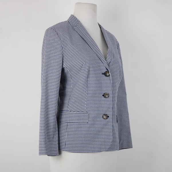 Talbots Sz 10 Navy Blue White Plaid Collared Lined Cotton Spandex Blazer Jacket