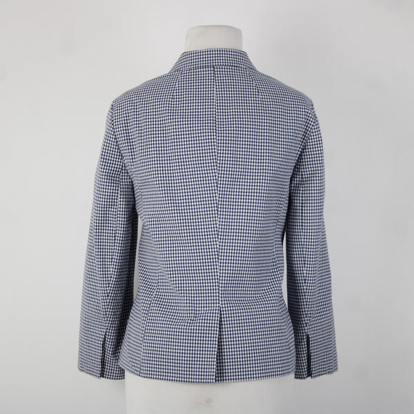 Talbots Sz 10 Navy Blue White Plaid Collared Lined Cotton Spandex Blazer Jacket