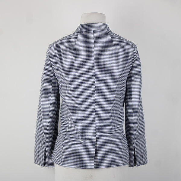 Talbots Sz 10 Navy Blue White Plaid Collared Lined Cotton Spandex Blazer Jacket