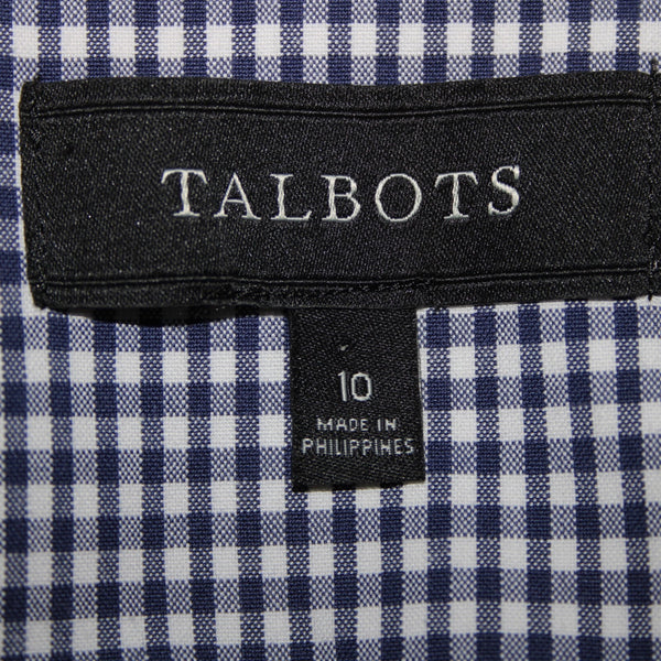Talbots Sz 10 Navy Blue White Plaid Collared Lined Cotton Spandex Blazer Jacket