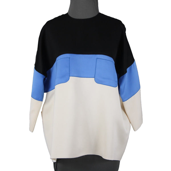 Celine Sz 42 Black Blue Ivory Color Block Silk Wool Top