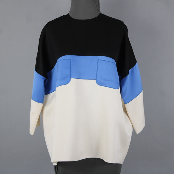 Celine Sz 42 Black Blue Ivory Color Block Silk Wool Top