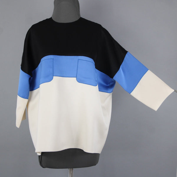 Celine Sz 42 Black Blue Ivory Color Block Silk Wool Top