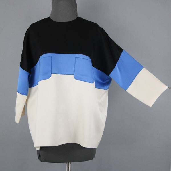 Celine Sz 42 Black Blue Ivory Color Block Silk Wool Top