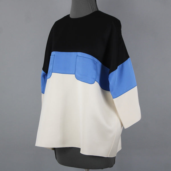 Celine Sz 42 Black Blue Ivory Color Block Silk Wool Top
