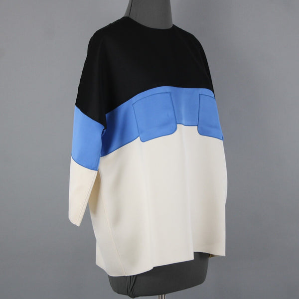 Celine Sz 42 Black Blue Ivory Color Block Silk Wool Top