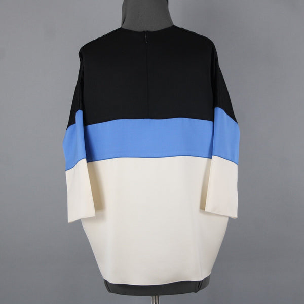 Celine Sz 42 Black Blue Ivory Color Block Silk Wool Top
