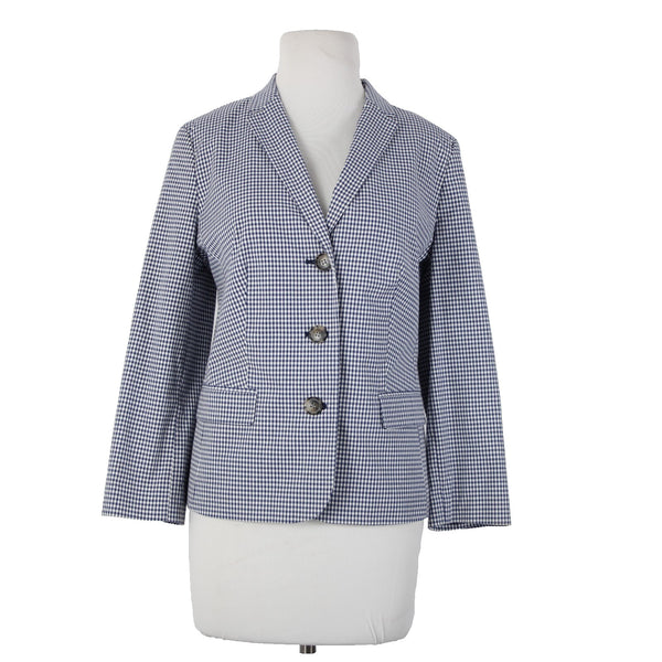 Talbots Sz 10 Navy Blue White Check 3/4 Slv Lined Cotton Spandx Blazer Jacket