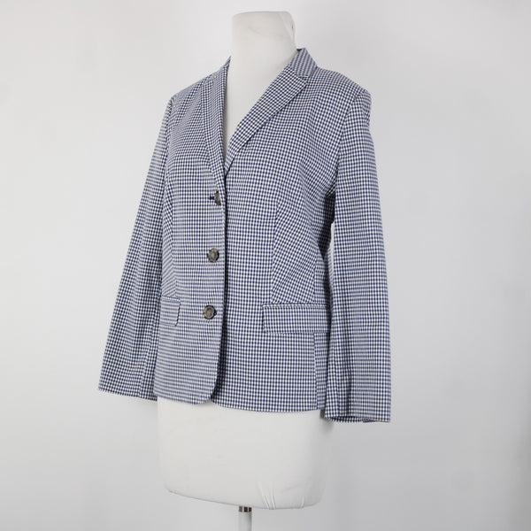 Talbots Sz 10 Navy Blue White Check 3/4 Slv Lined Cotton Spandx Blazer Jacket