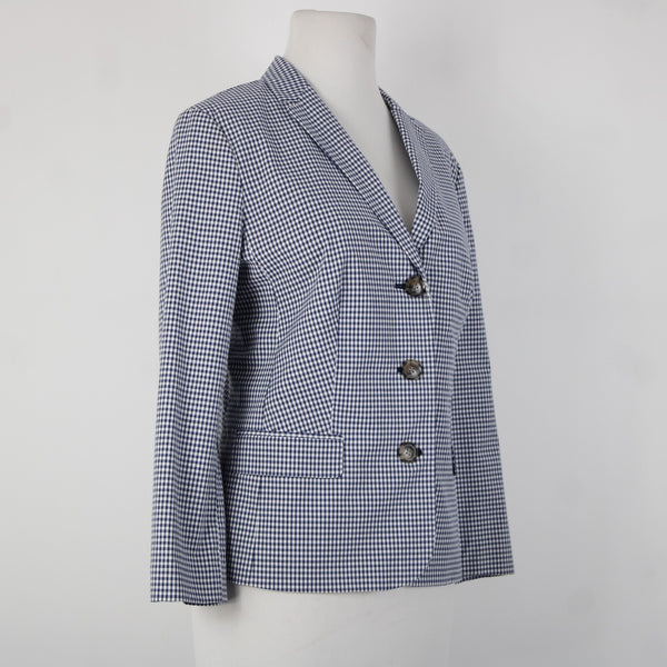 Talbots Sz 10 Navy Blue White Check 3/4 Slv Lined Cotton Spandx Blazer Jacket