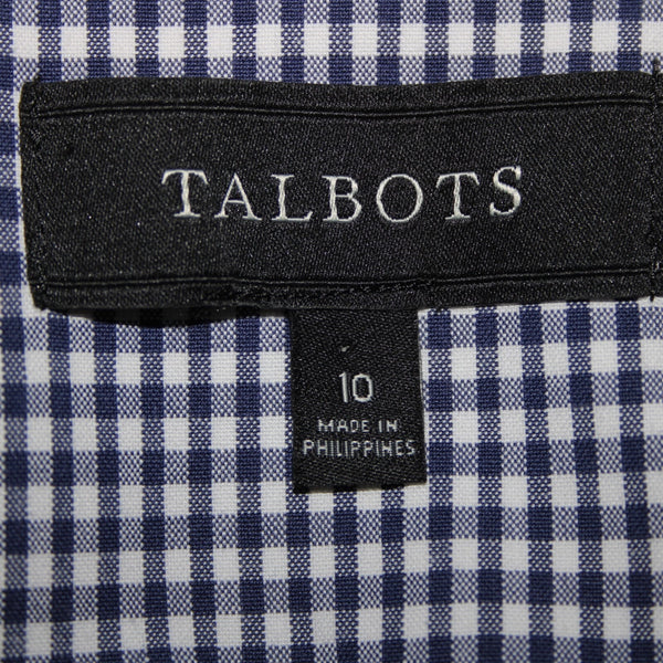 Talbots Sz 10 Navy Blue White Check 3/4 Slv Lined Cotton Spandx Blazer Jacket