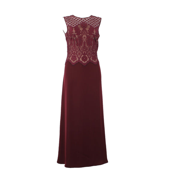 Tadashi Shoji Dress Sz 8 Burgundy Red Tan Lined Embroidered Nylon Cotton Dress