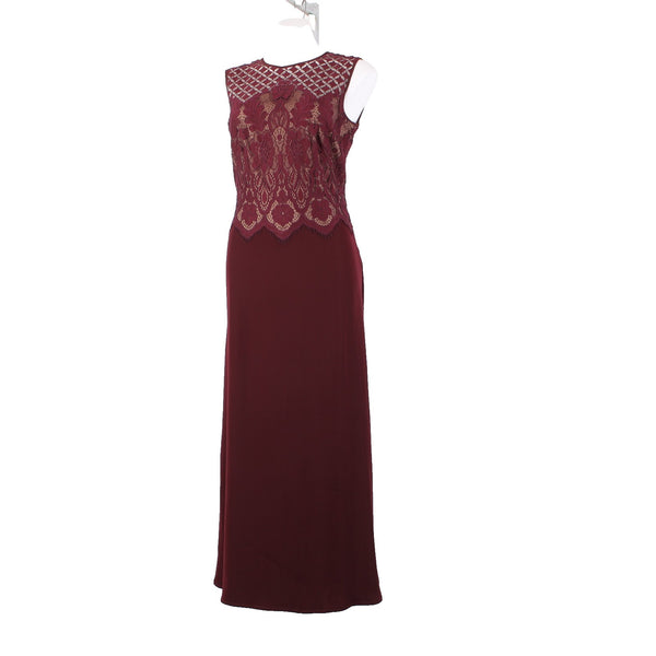 Tadashi Shoji Dress Sz 8 Burgundy Red Tan Lined Embroidered Nylon Cotton Dress