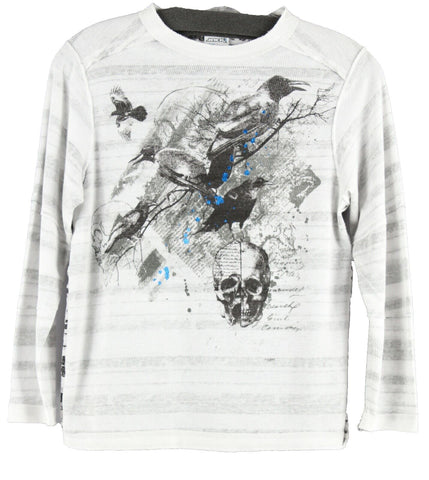 Jack Sz M Black Gray Blue Foil Skulls Stripes Cotton Poly Boys Knit Shirt