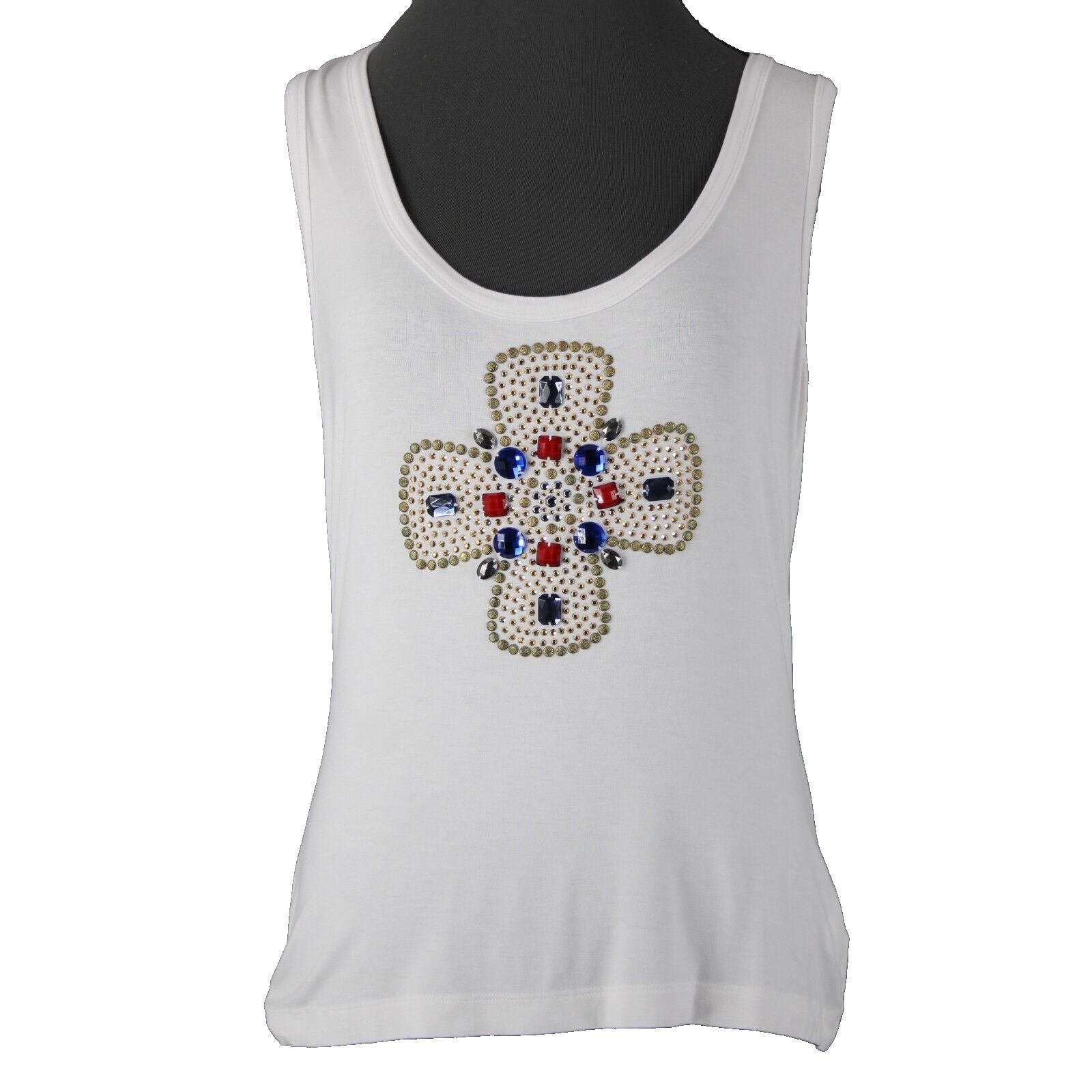 St John Jeans Sz M White Gold Studded Rhinestones Cross Rayon Spandex Tank Top