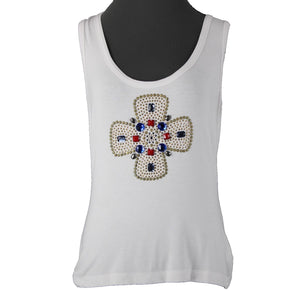 St John Jeans Sz M White Gold Studded Rhinestones Cross Rayon Spandex Tank Top