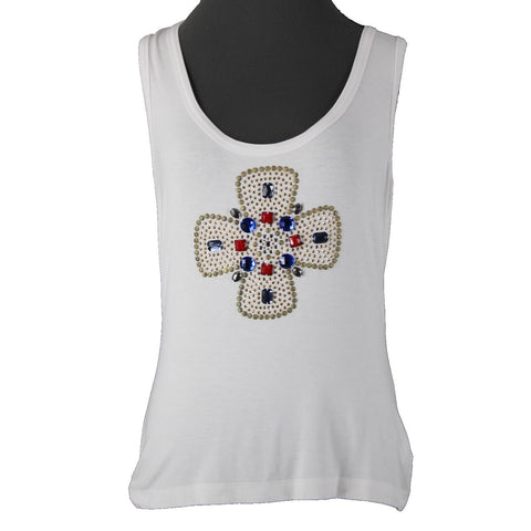 St John Jeans Sz M White Gold Studded Rhinestones Cross Rayon Spandex Tank Top