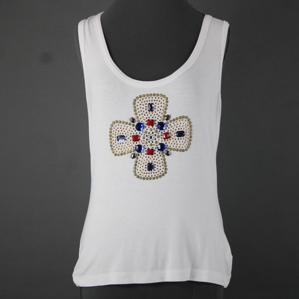 St John Jeans Sz M White Gold Studded Rhinestones Cross Rayon Spandex Tank Top