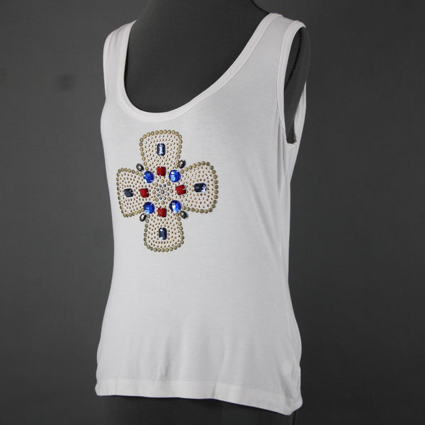 St John Jeans Sz M White Gold Studded Rhinestones Cross Rayon Spandex Tank Top