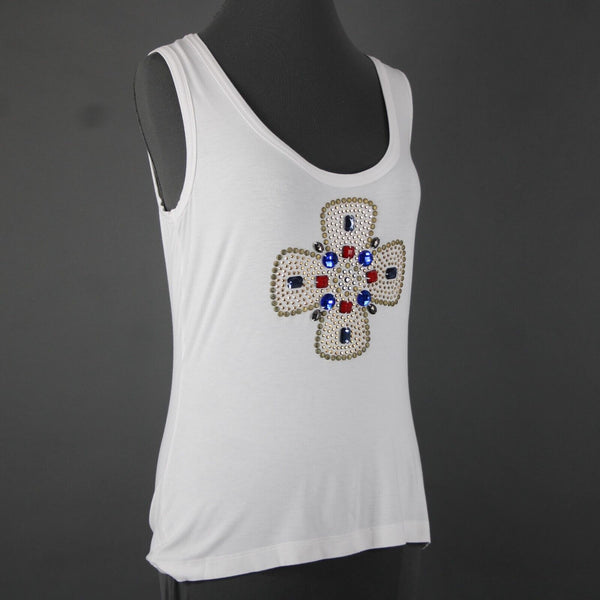 St John Jeans Sz M White Gold Studded Rhinestones Cross Rayon Spandex Tank Top