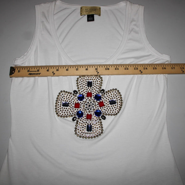 St John Jeans Sz M White Gold Studded Rhinestones Cross Rayon Spandex Tank Top