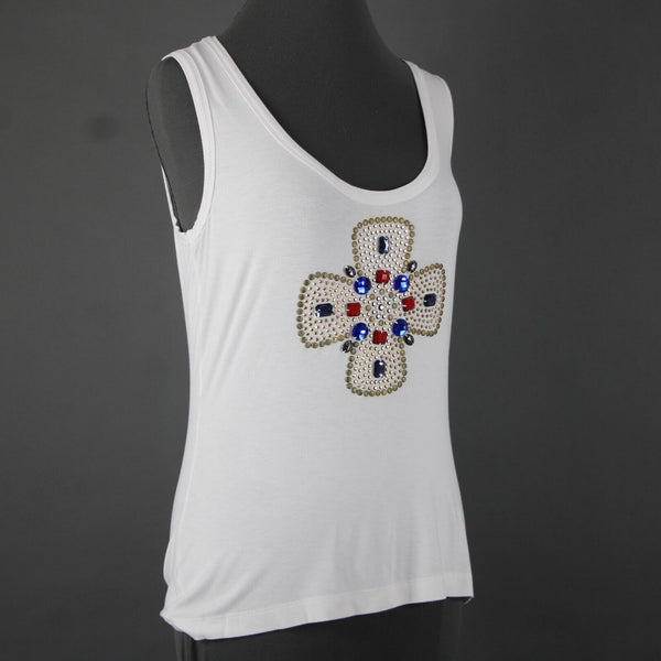 St John Jeans Sz M White Gold Studded Rhinestones Cross Rayon Spandex Tank Top