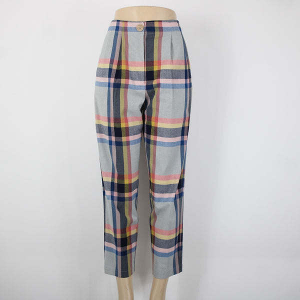 Corey Lynn Calter Sz M x 25 Blue Multi Color Plaid Pleated Elastic Poly Pant