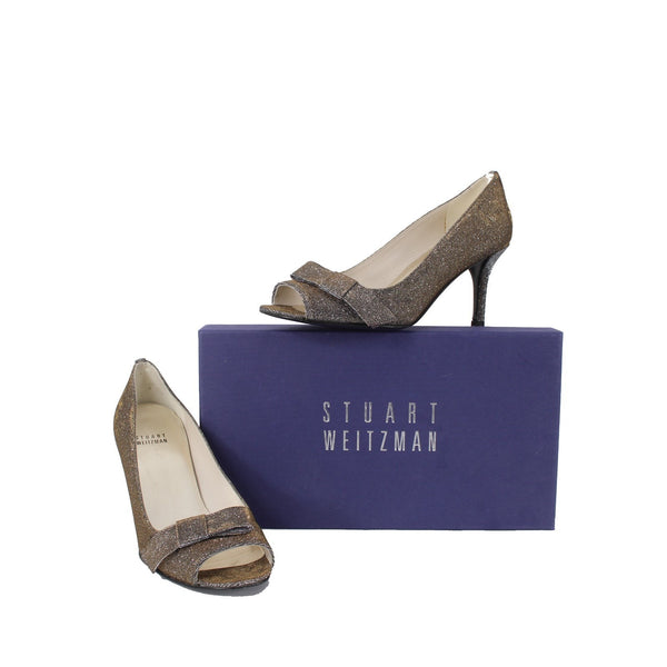 Stuart Weitzman Heels Sz 8M Bronze Pyrite Nocturn Bowover Open Toe 3" Heels