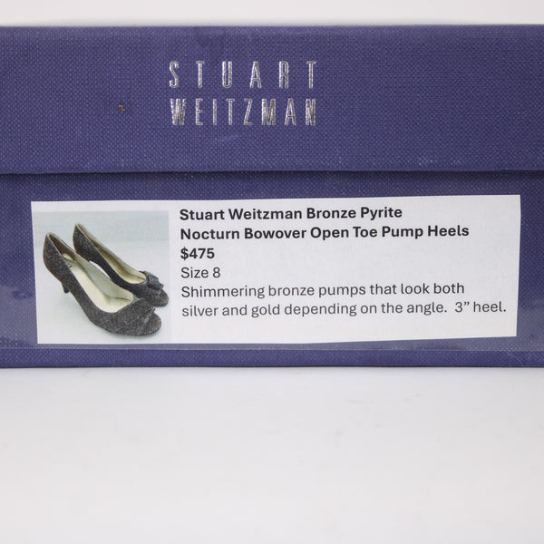 Stuart Weitzman Heels Sz 8M Bronze Pyrite Nocturn Bowover Open Toe 3" Heels