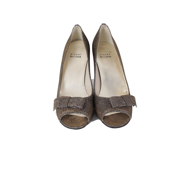 Stuart Weitzman Heels Sz 8M Bronze Pyrite Nocturn Bowover Open Toe 3" Heels