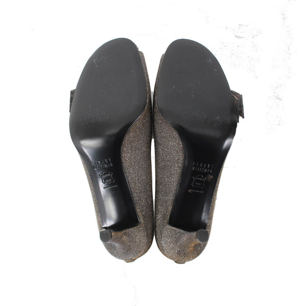 Stuart Weitzman Heels Sz 8M Bronze Pyrite Nocturn Bowover Open Toe 3" Heels