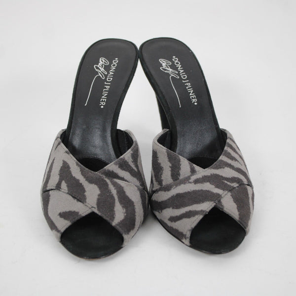 Donald J Pliner fFeigel Sz 9 M Black Gray Animal Print Slip On Leather 4" Heels