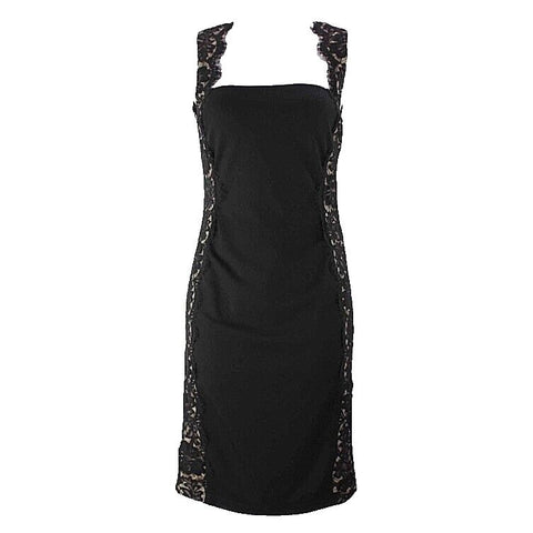 Aidan Mattox Sz 8 Black Tan Rayon Blend Open Back Lace Detail Dress