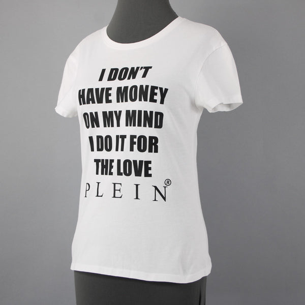 Philipp Plein White Black 'I Don't Have Money...Love ' Cotton Graphic Tee Shirt