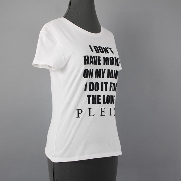 Philipp Plein White Black 'I Don't Have Money...Love ' Cotton Graphic Tee Shirt