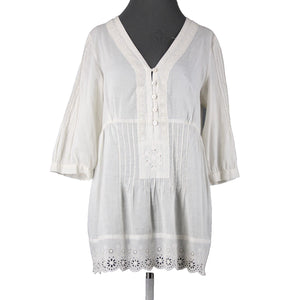 Johnny Was Sz M Cream Embroidered V Neck Flowy Cotton Polyester Top