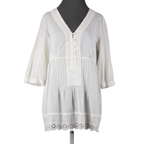 Johnny Was Sz M Cream Embroidered V Neck Flowy Cotton Polyester Top