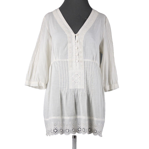 Johnny Was Sz M Cream Embroidered V Neck Flowy Cotton Polyester Top