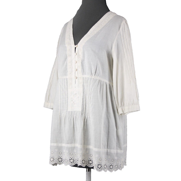 Johnny Was Sz M Cream Embroidered V Neck Flowy Cotton Polyester Top