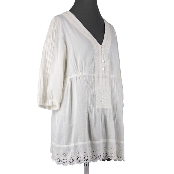 Johnny Was Sz M Cream Embroidered V Neck Flowy Cotton Polyester Top
