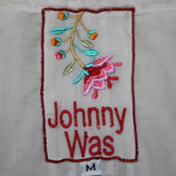 Johnny Was Sz M Cream Embroidered V Neck Flowy Cotton Polyester Top