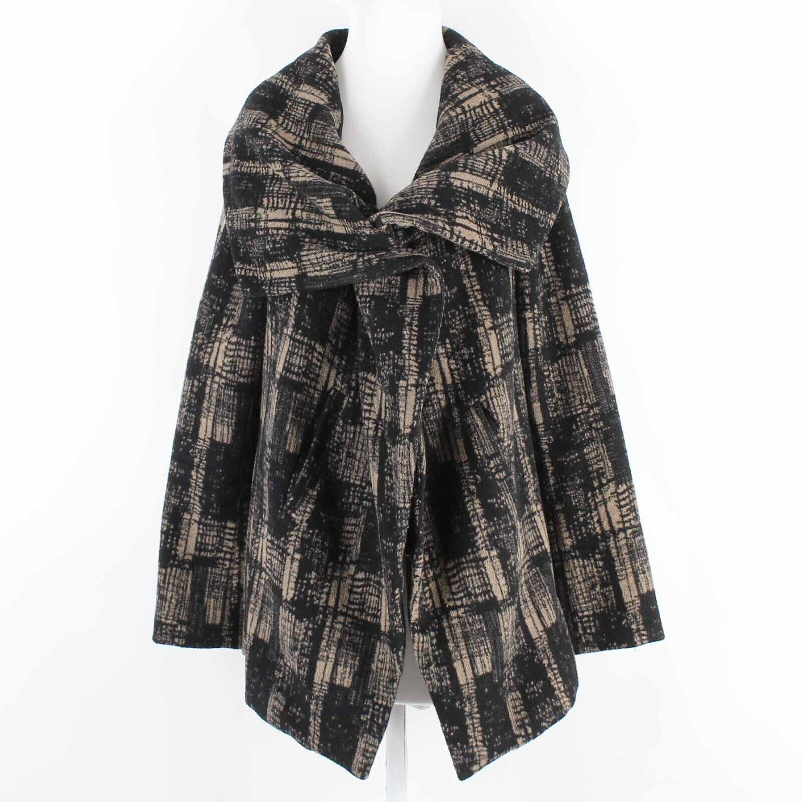 Funktional Sz L Black Tan Plaid Big Collar Lined Zip Wool Blend Poly Jacket