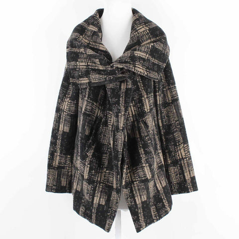 Funktional Sz L Black Tan Plaid Big Collar Lined Zip Wool Blend Poly Jacket